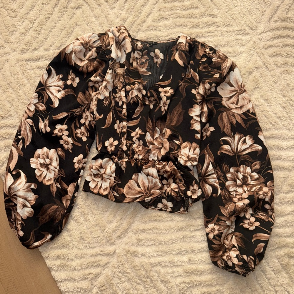 Express Floral Puff Sleeve Blouse - Black and Brown